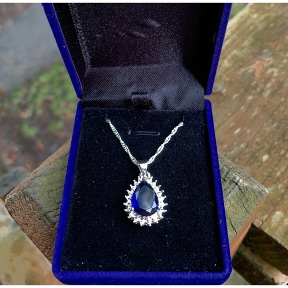 SS 925 CHAIN & PENDANT BLUE & CLEAR CUBIC ZIRCONIA - Picture 3 of 6